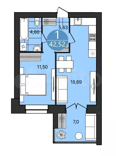 1-к. квартира, 42,5 м, 4/4 эт. - Фото 1