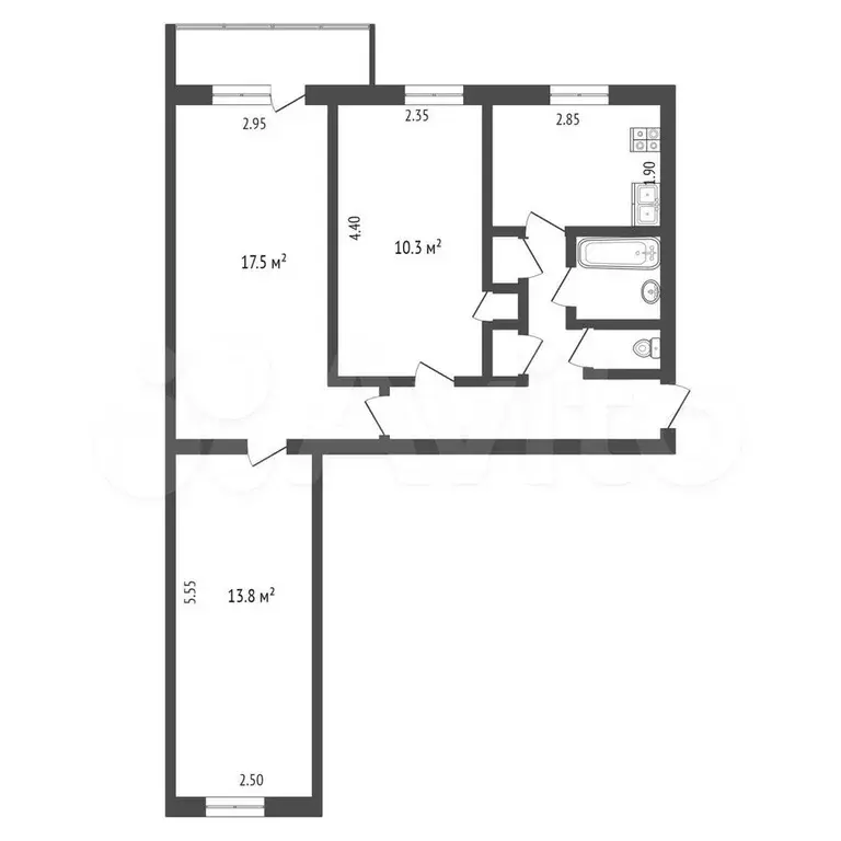 2-к. квартира, 58 м, 3/3 эт. - Фото 0