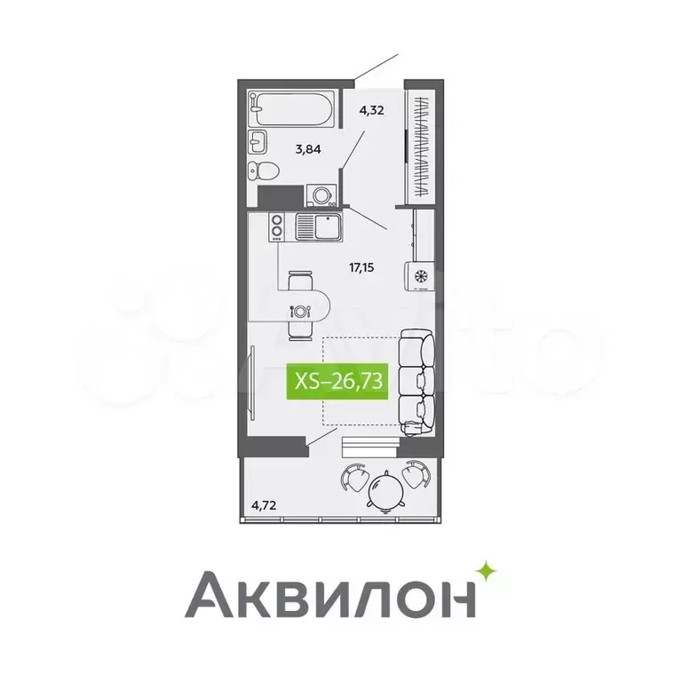 Квартира-студия, 26,7 м, 6/9 эт. - Фото 1