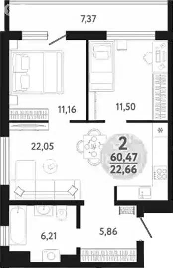 2-комнатная квартира: Обь, Октябрьская улица, 5 (61 м) - Фото 0