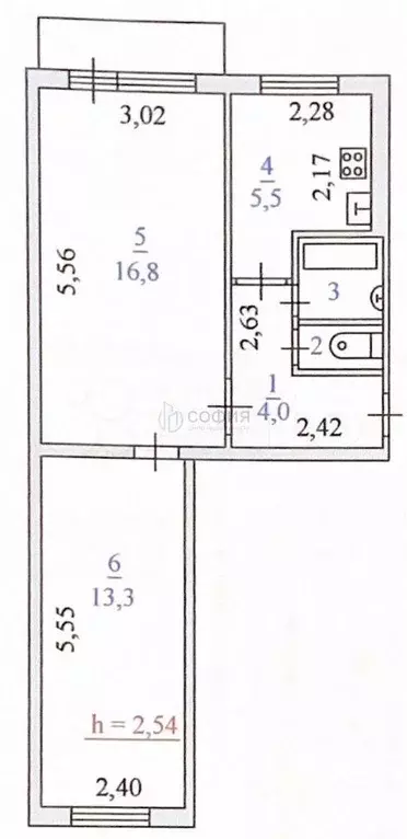 2-к. квартира, 42,7 м, 2/5 эт. - Фото 0