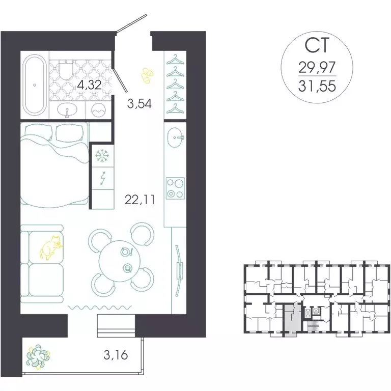 Квартира-студия: Пенза, Колышлейская улица, 7 (31.55 м) - Фото 2