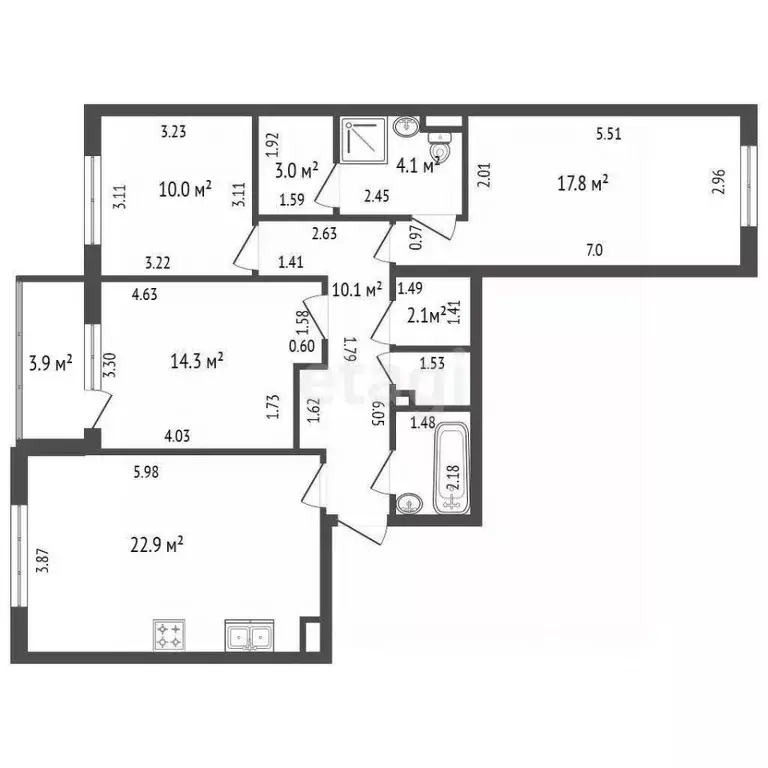 3-к кв. Санкт-Петербург ул. Владимира Пчелинцева, 6к2 (89.1 м) - Фото 2