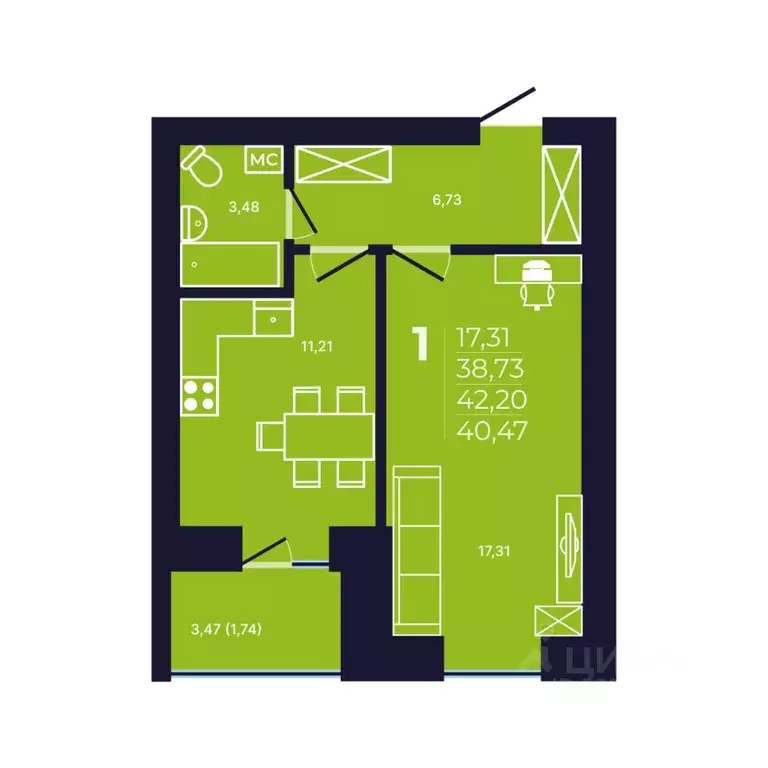 1-к кв. Башкортостан, Уфа Затон-Восточный жилрайон, Новаленд мкр,  ... - Фото 1