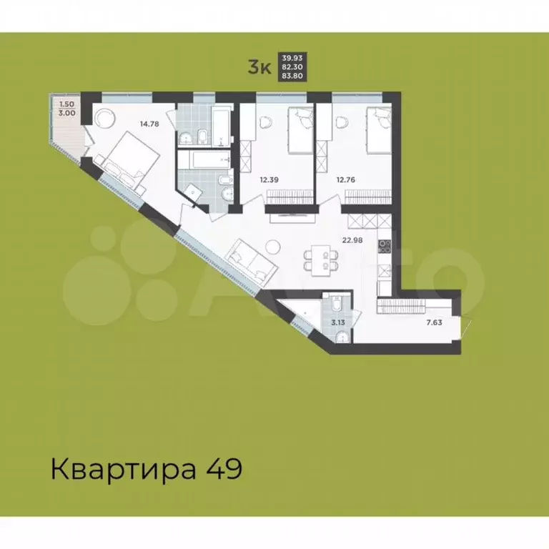 3-к. квартира, 82,3м, 7/9эт. - Фото 1