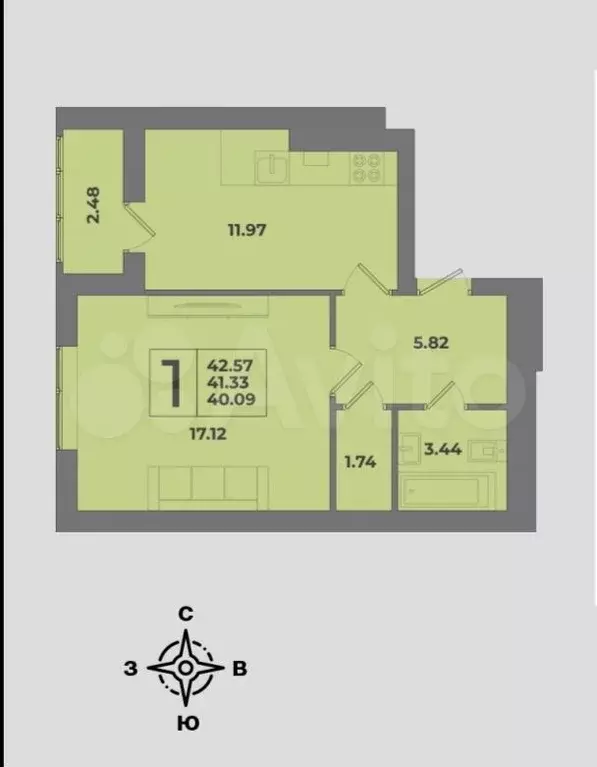 1-к. квартира, 42,6 м, 1/8 эт. - Фото 1