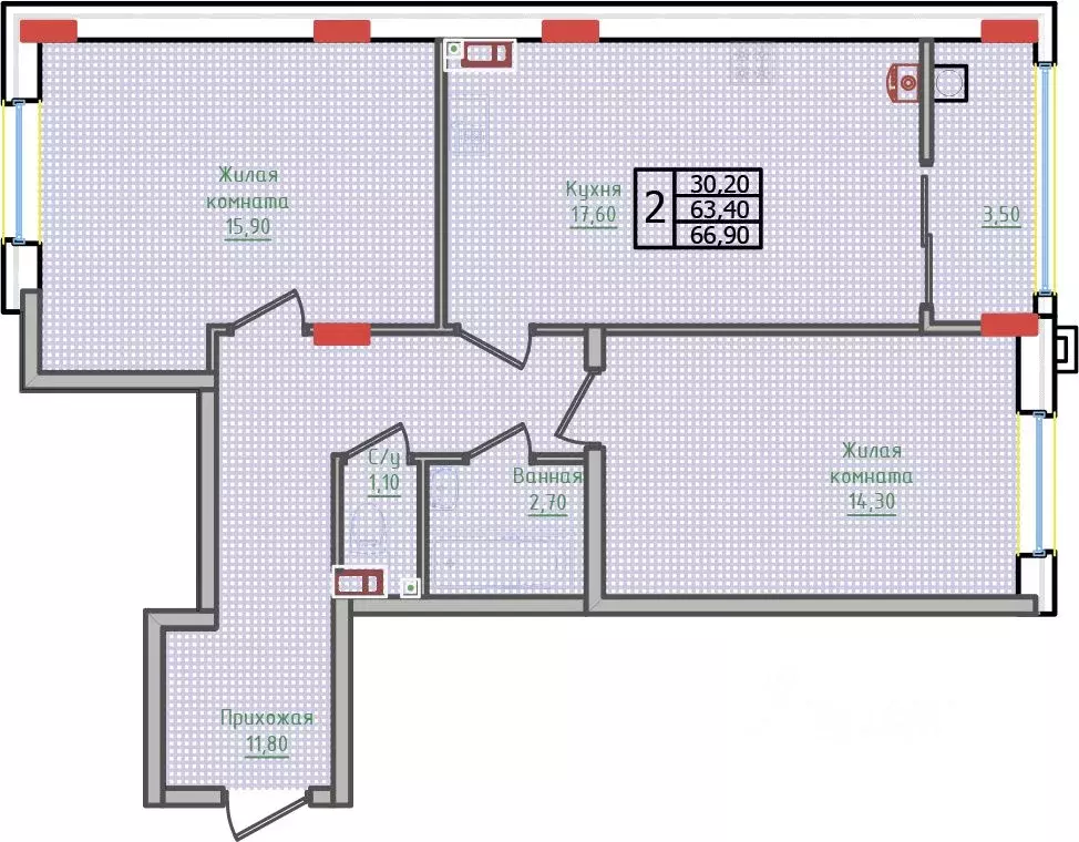 2-к кв. Ставропольский край, Ставрополь ул. Якова Андрюшина, 6 (66.9 ... - Фото 2