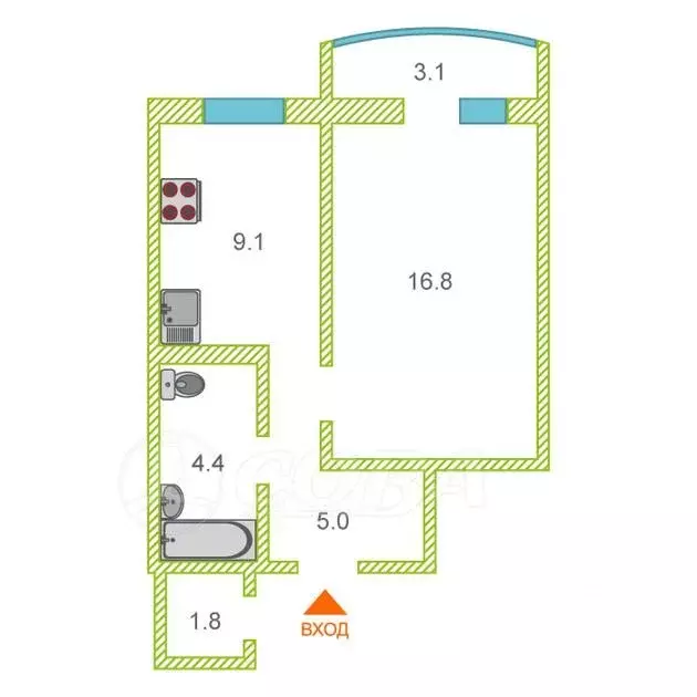 1-к кв. Тюменская область, Тюмень ул. Героев Космоса, 19 (35.3 м) - Фото 2