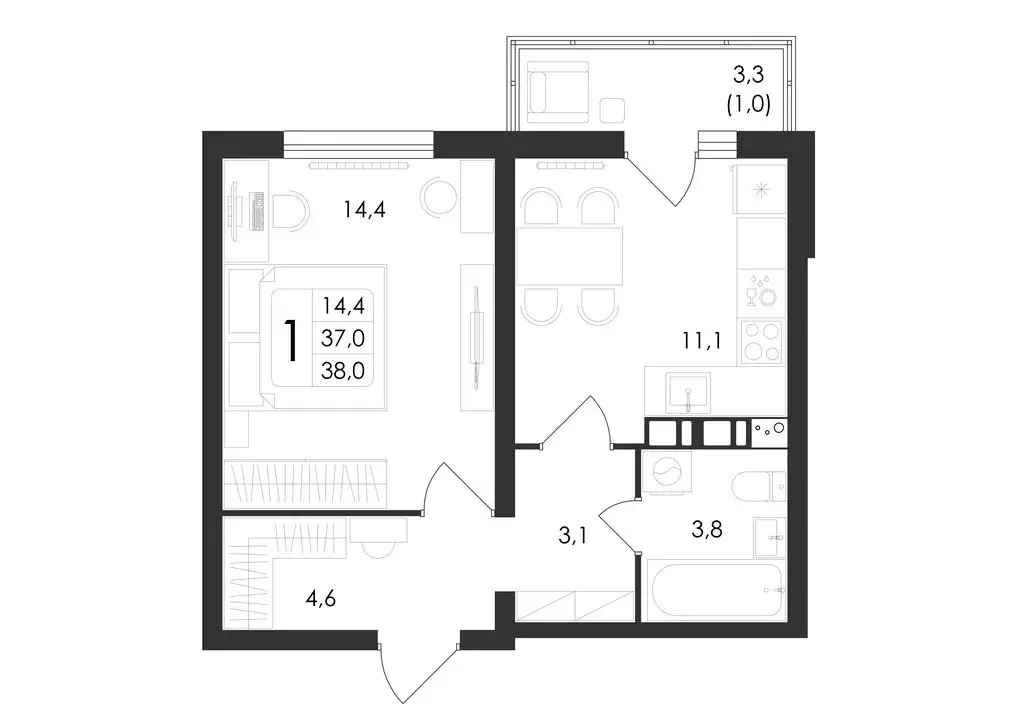 1-комнатная квартира: Ямное, Просёлочная улица, 2к5 (38 м) - Фото 1