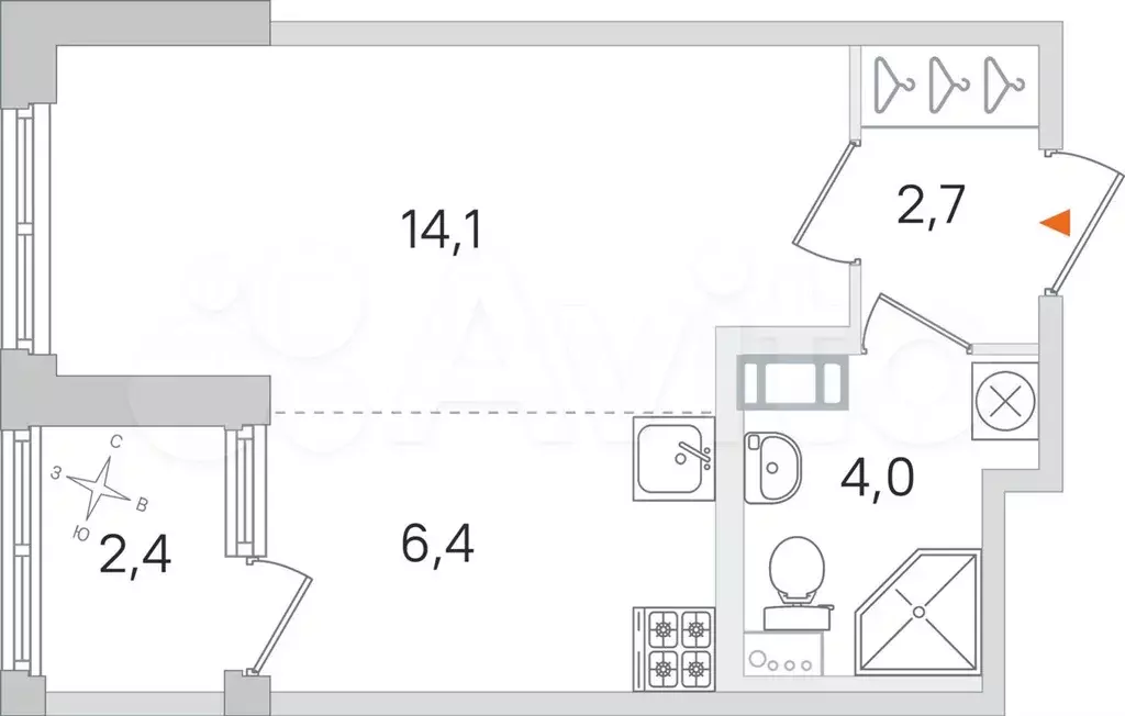 Квартира-студия, 28,4 м, 4/4 эт. - Фото 0