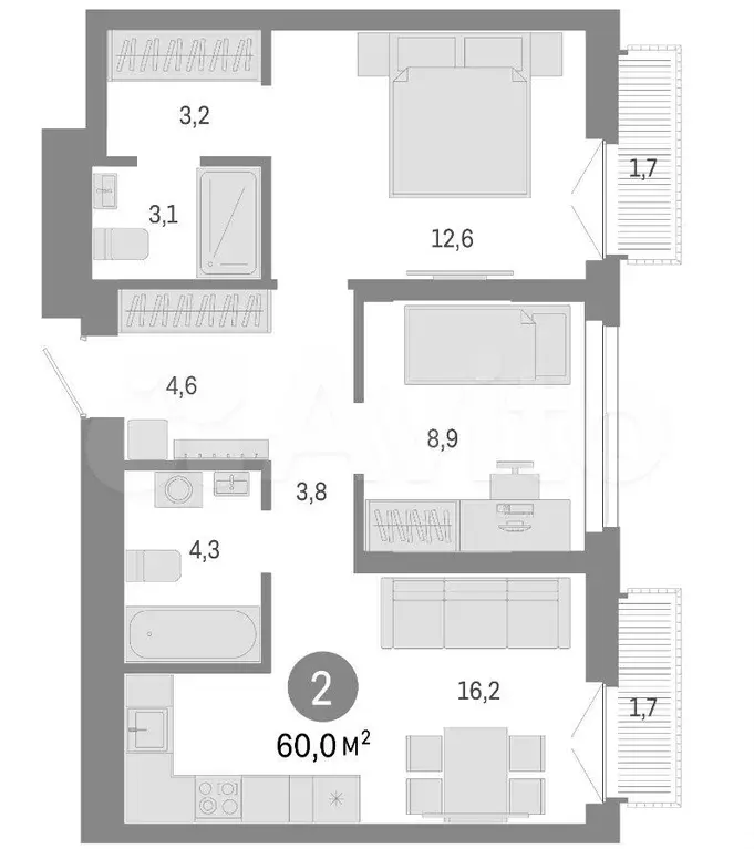 2-к. квартира, 60 м, 12/23 эт. - Фото 0