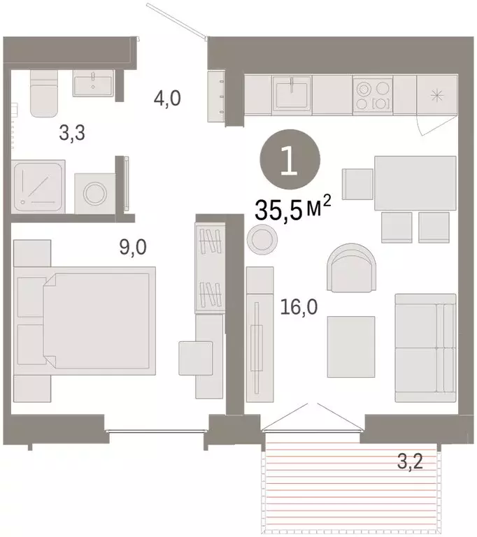 2-комнатная квартира: Тюмень, улица Республики, 205к2 (35.4 м) - Фото 2