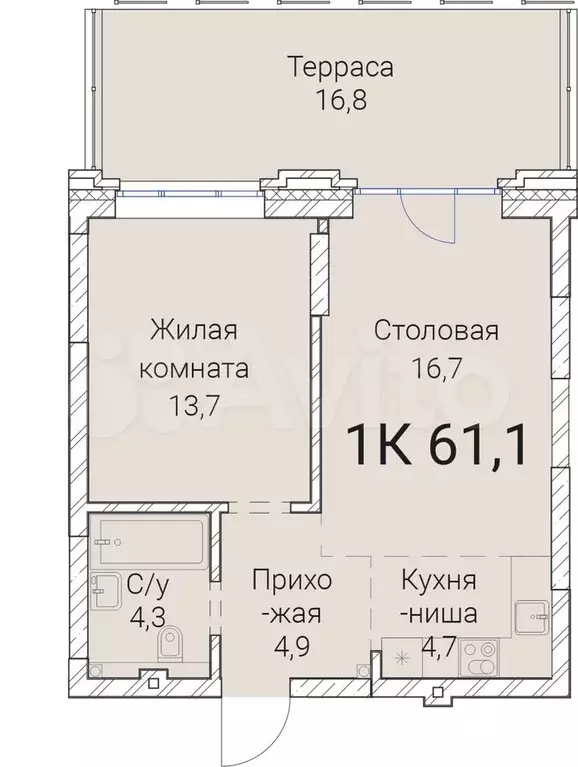 1-к. квартира, 61,1 м, 3/25 эт. - Фото 0