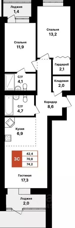 3-к кв. Башкортостан, Уфа Кузнецовский Затон мкр,  (74.2 м) - Фото 1