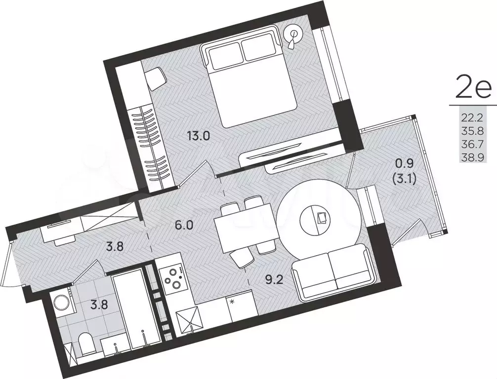 2-к. квартира, 36,7 м, 8/8 эт. - Фото 0