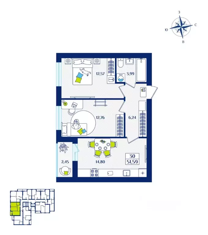 2-к кв. Калининградская область, Зеленоградск  (51.59 м) - Фото 1