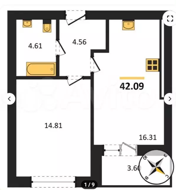 1-к. квартира, 42,1 м, 8/9 эт. - Фото 1