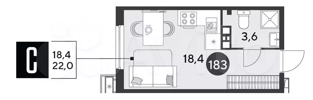 Квартира-студия, 22 м, 3/9 эт. - Фото 1