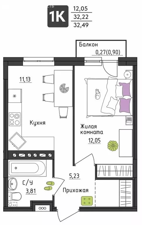 1-комнатная квартира: Пермь, Верхне-Вишерская улица, 40 (32.49 м) - Фото 0