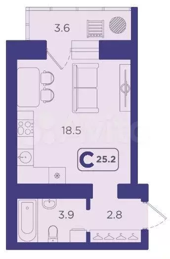 Квартира-студия, 25,2 м, 13/14 эт. - Фото 1