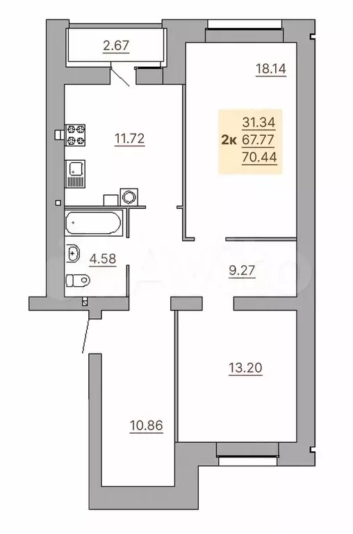 2-к. квартира, 70,4 м, 1/9 эт. - Фото 0