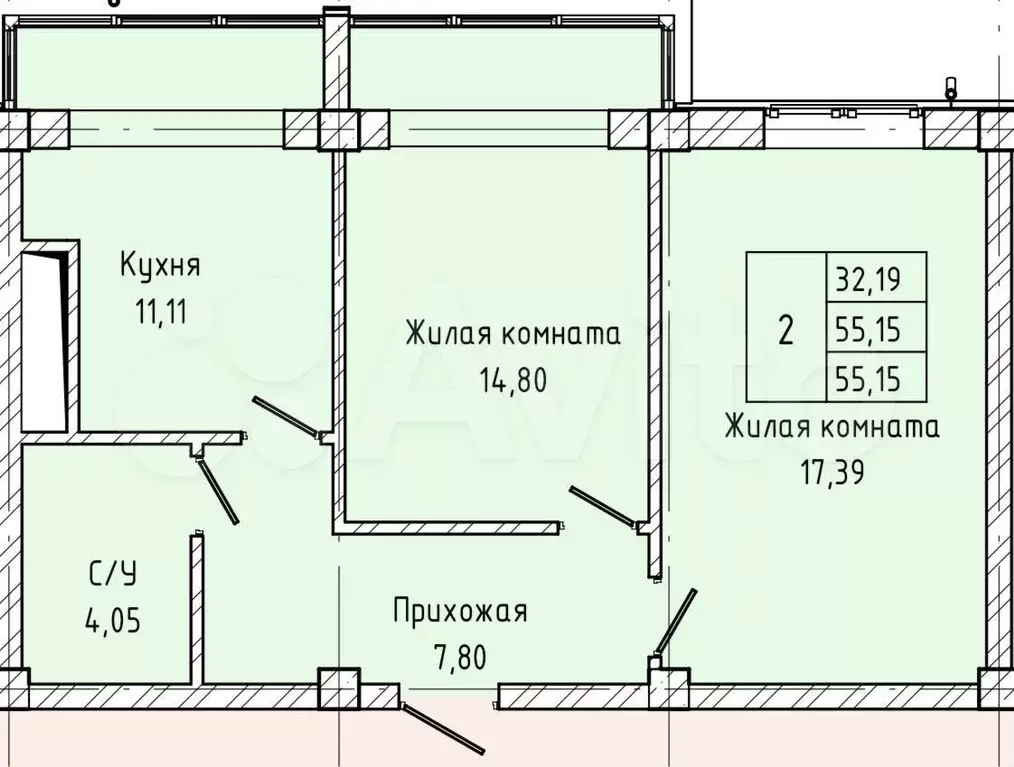 2-к. квартира, 55,2 м, 5/7 эт. - Фото 1