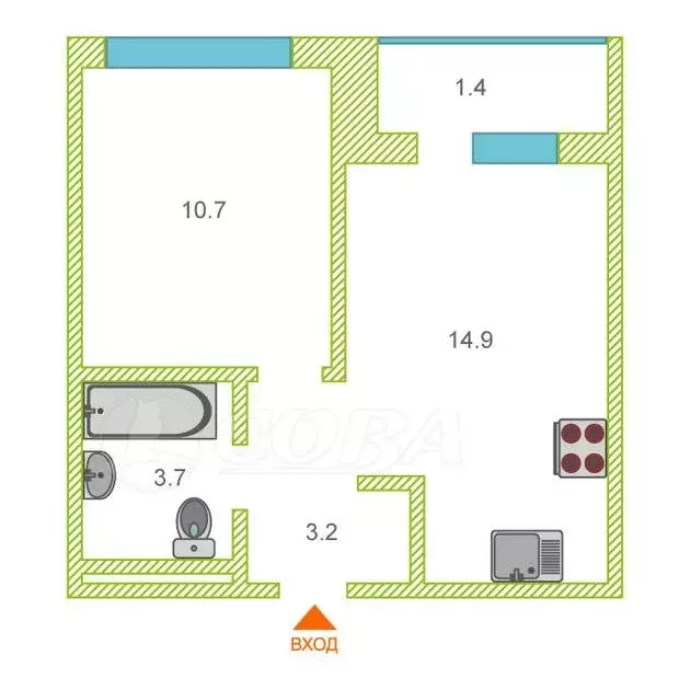 1-комнатная квартира: Тюмень, Полевая улица, 117к4 (33.9 м) - Фото 0