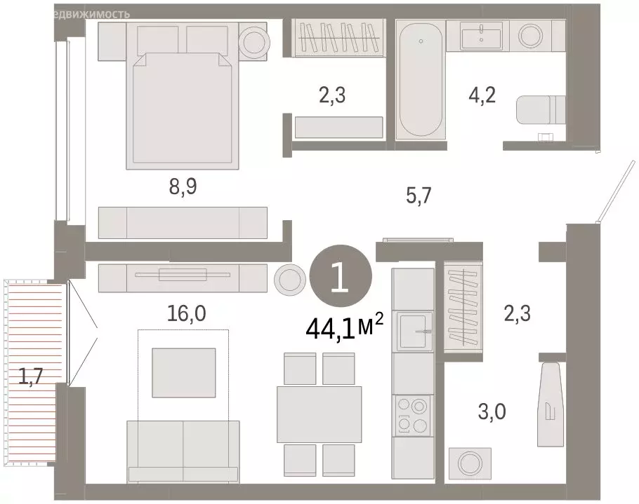 1-комнатная квартира: Тюмень, улица Республики, 205к2 (43.9 м) - Фото 2