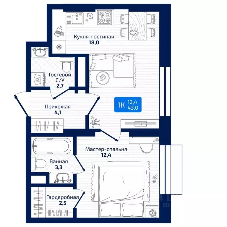 1-к кв. Самарская область, Самара ул. 8-я Радиальная, 31 (43.0 м) - Фото 1