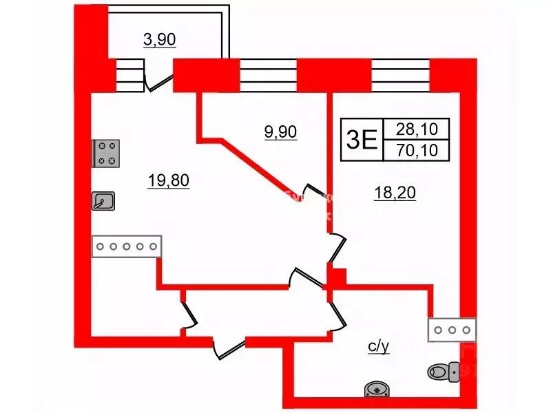 2-к кв. Санкт-Петербург ул. Есенина, 1к1 (70.1 м) - Фото 1