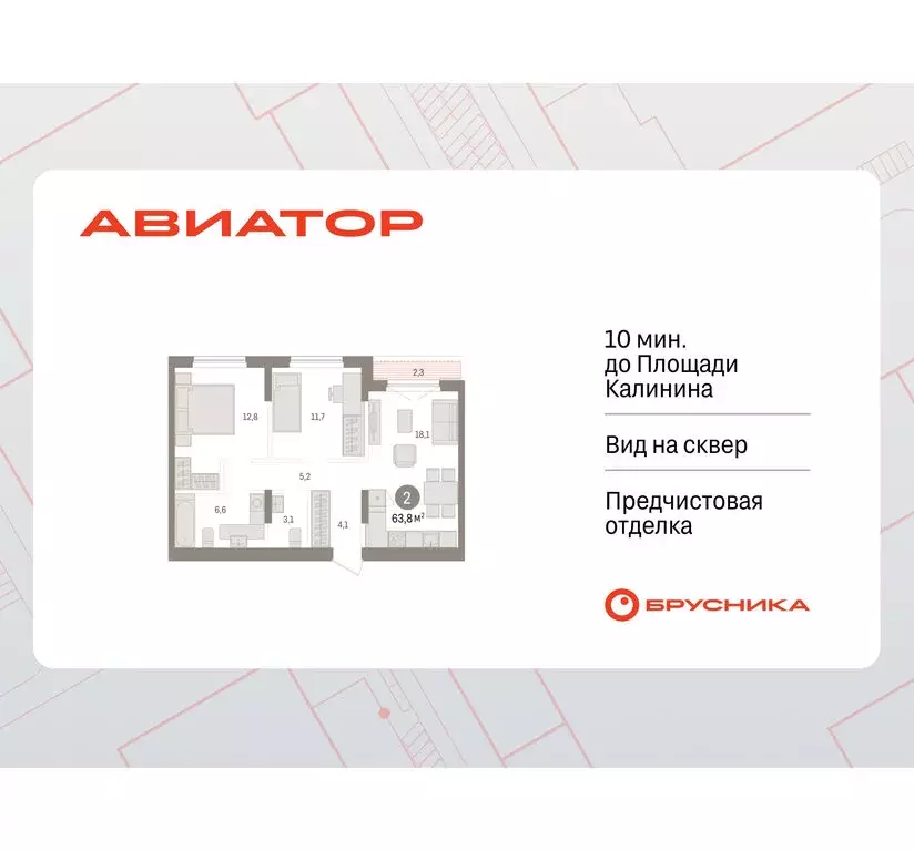 2-комнатная квартира: Новосибирск, улица Аэропорт, 90 (63.77 м) - Фото 1