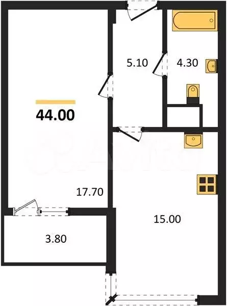 1-к. квартира, 44 м, 2/4 эт. - Фото 1