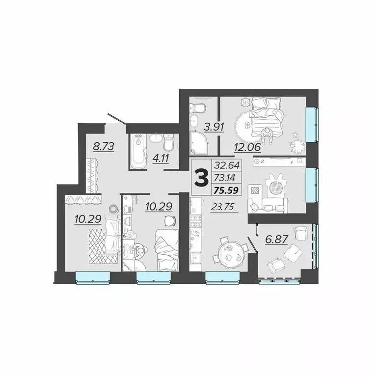 3-комнатная квартира: Брянск, ЖК Архитектор (75.59 м) - Фото 0