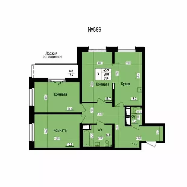 3-комнатная квартира: посёлок Парголово, Ольгинская дорога, 3/20 (91.4 ... - Фото 2