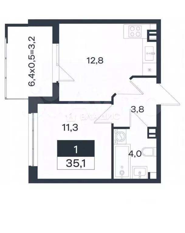 Квартира, 1 комната, 35.1 м - Фото 1