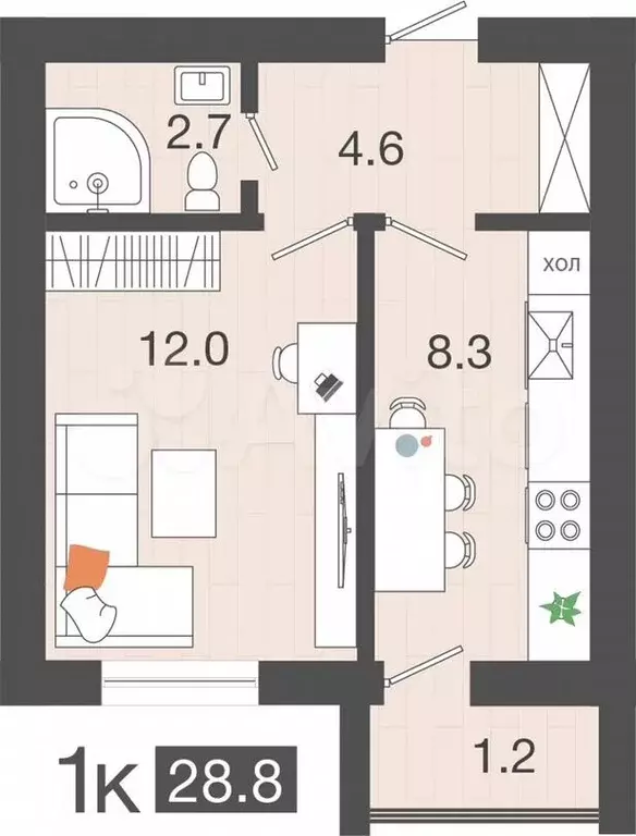 1-к. квартира, 28,8м, 4/4эт. - Фото 0