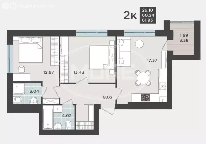 2-комнатная квартира: Калининград, Арсенальная улица, 31к2 (60.24 м) - Фото 0