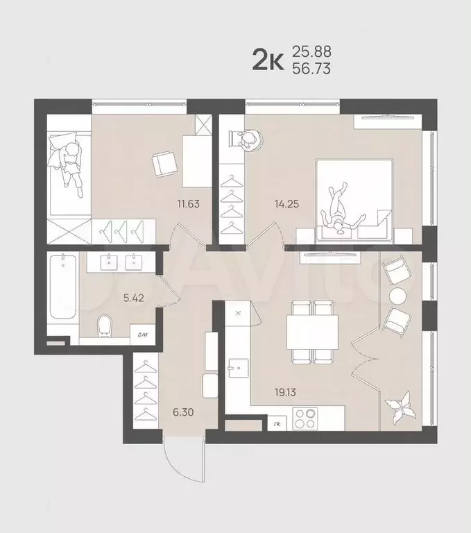 2-к. квартира, 56,7 м, 1/4 эт. - Фото 1