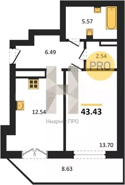 1-к. квартира, 43,4 м, 1/7 эт. - Фото 1