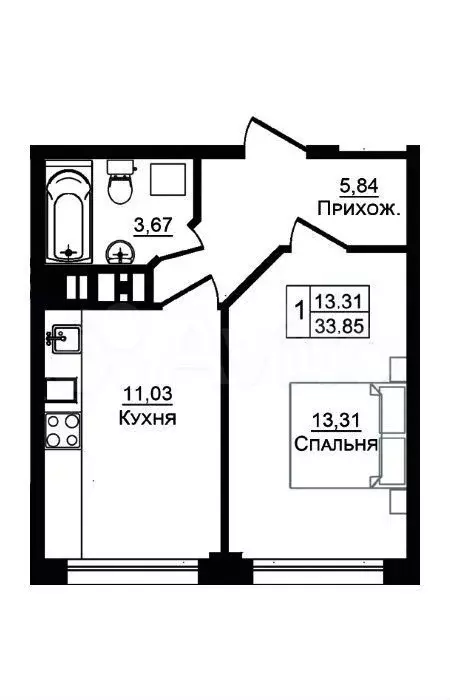 1-к. квартира, 33,9 м, 2/9 эт. - Фото 0