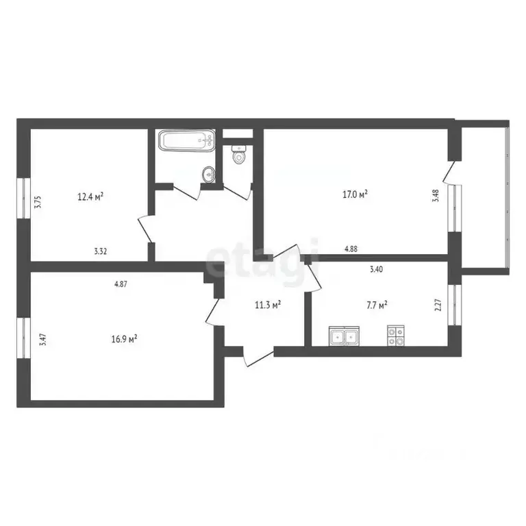 3-к кв. Омская область, Омск Мельничная ул., 124 (68.9 м) - Фото 1