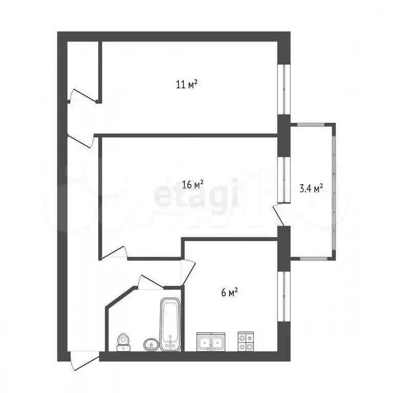 2-к. квартира, 44,7 м, 2/5 эт. - Фото 0