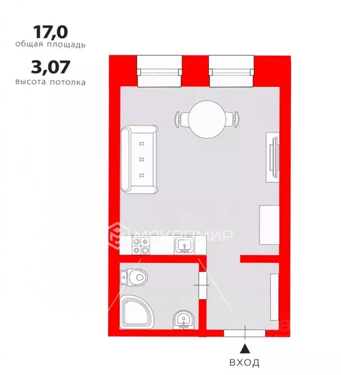 Студия Санкт-Петербург ул. Подрезова, 26б (17.0 м) - Фото 1