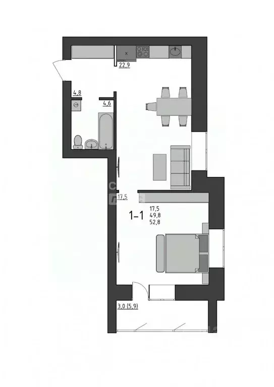 1-к кв. Вологодская область, Вологда Новгородская ул., 38 (52.8 м) - Фото 1