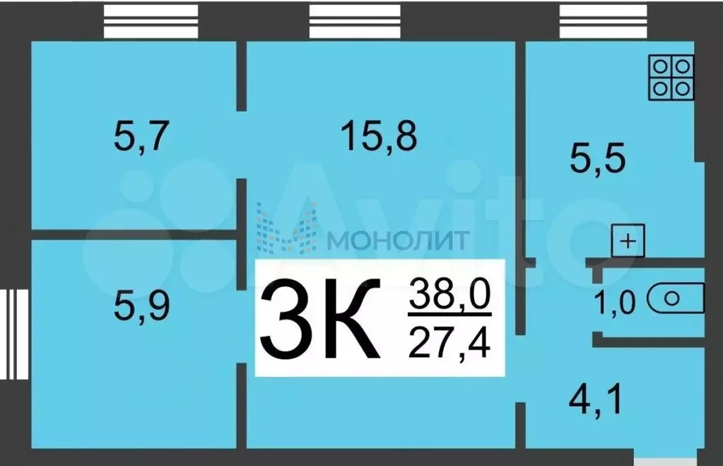 3-к. квартира, 38 м, 1/2 эт. - Фото 0