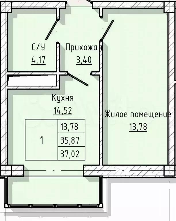 1-к. квартира, 37 м, 3/8 эт. - Фото 1