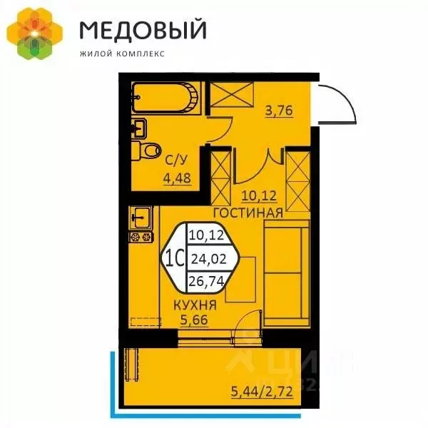 1-к кв. Пермский край, д. Кондратово ул. Н.М. Яблокова, 4 (26.74 м) - Фото 0
