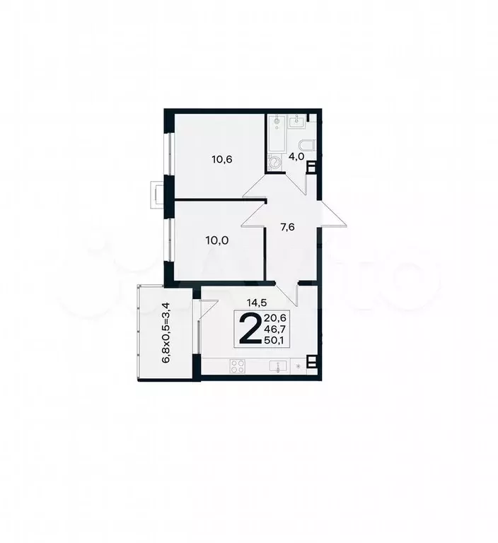 2-к. квартира, 50,1 м, 3/4 эт. - Фото 1