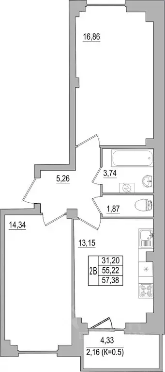 2-к кв. Псковская область, Псков ул. Юности, 32 (57.38 м) - Фото 0