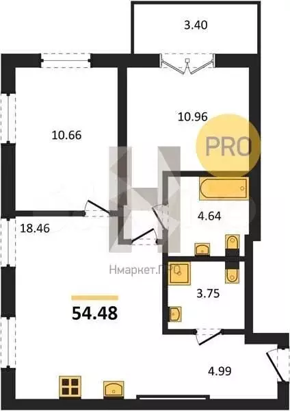 2-к. квартира, 54,5 м, 2/5 эт. - Фото 1